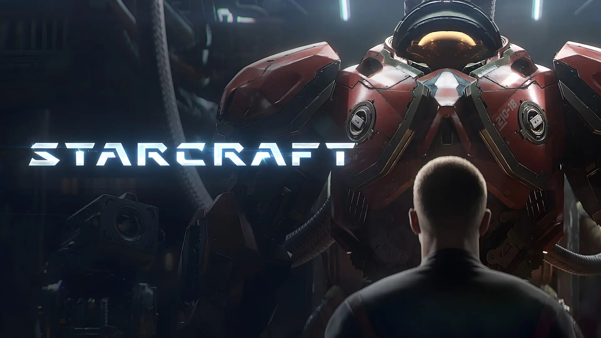 لوگوی بازی استارکرافت (StarCraft) در مقابل یک زره مکانیکی قرمز رنگ