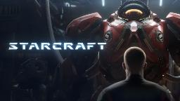 لوگوی بازی استارکرافت (StarCraft) در مقابل یک زره مکانیکی قرمز رنگ