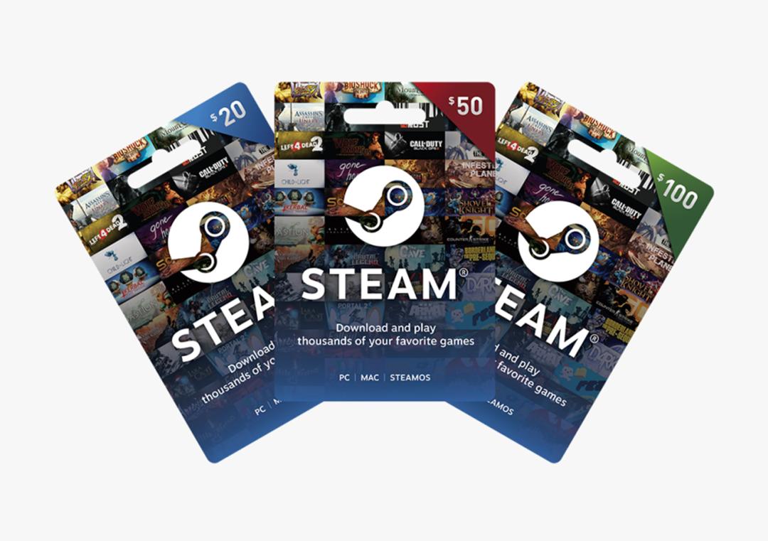 گیفت کارت استیم (Steam) با مقادیر ۲۰، ۵۰ و ۱۰۰ دلار روی پس‌زمینه سفید