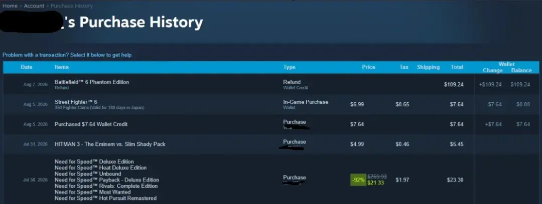 فهرست تراکنش‌های حساب کاربری استیم (Steam) شامل بازپرداخت هزینه بازی Battlefield 6