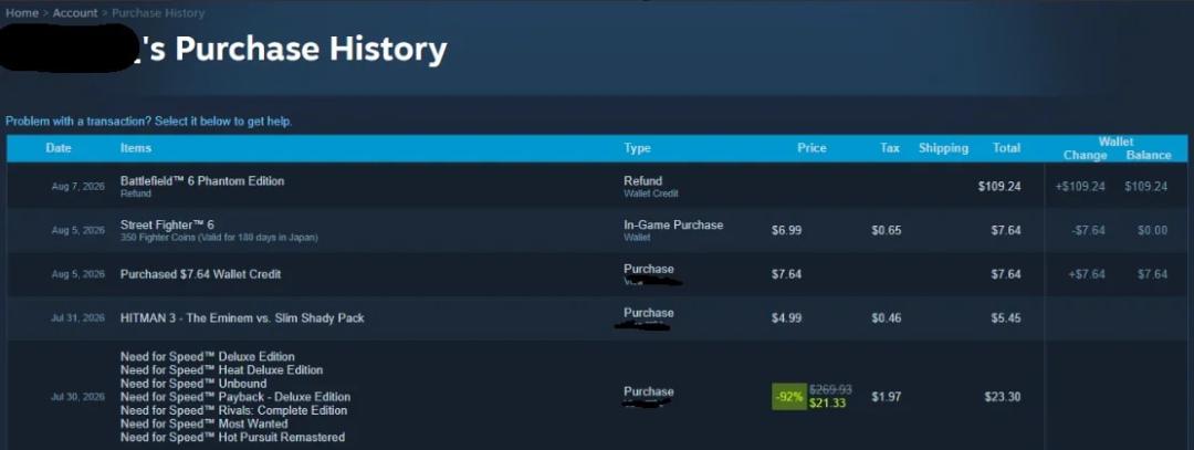 فهرست تراکنش‌های حساب کاربری استیم (Steam) شامل بازپرداخت هزینه بازی Battlefield 6