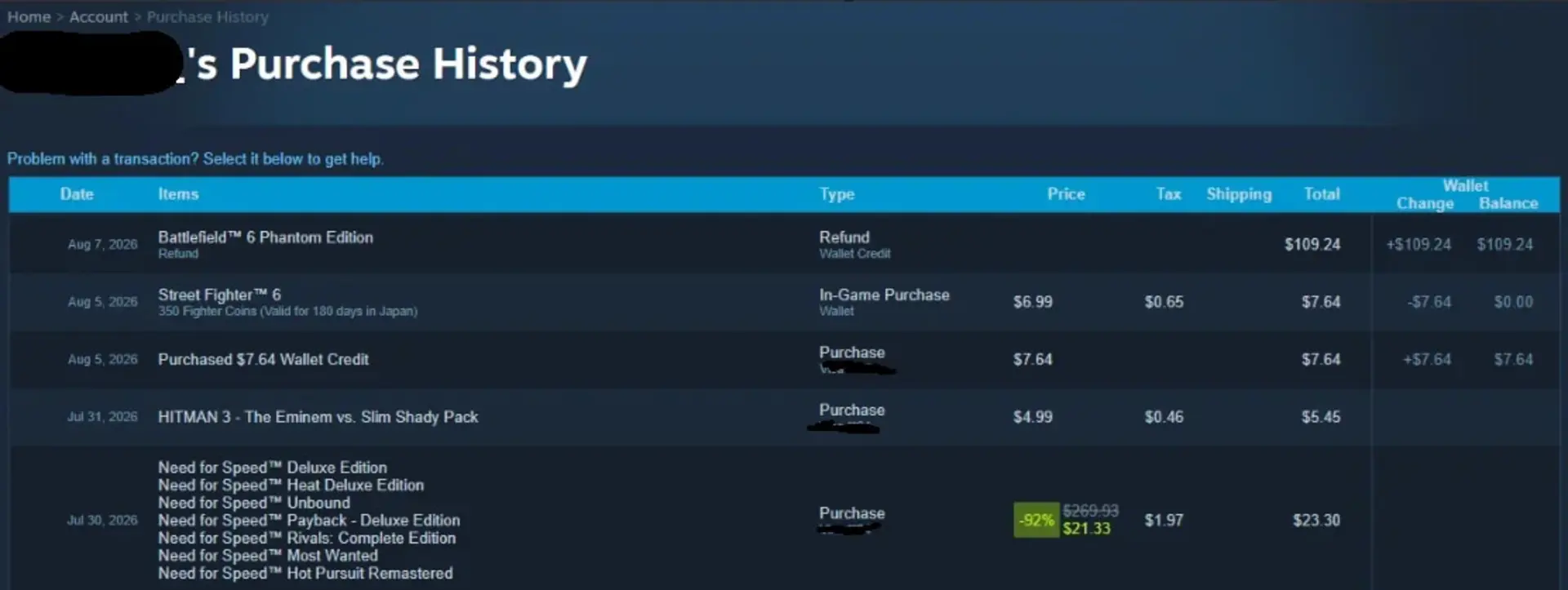 فهرست تراکنش‌های حساب کاربری استیم (Steam) شامل بازپرداخت هزینه بازی Battlefield 6