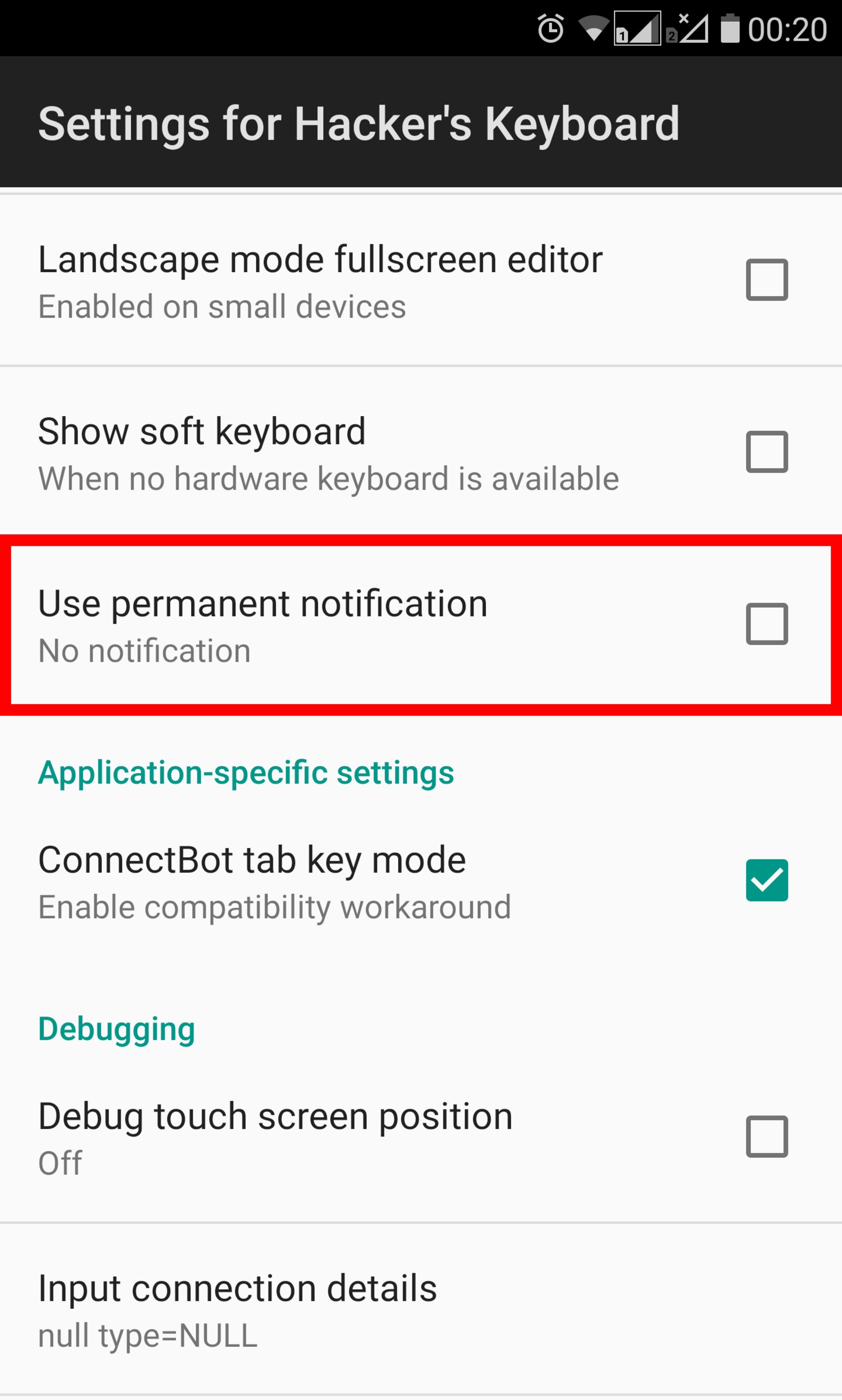 فعال‌سازی نوتیفیکیشن در برنامه Hacker's Keyboard