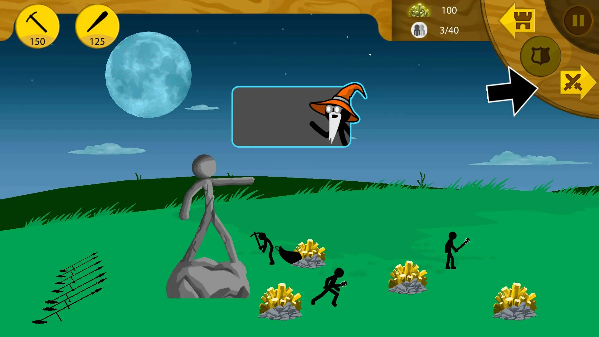 شخصیت‌های استیک‌من در محیط بازی Stick War: Legacy زیر نور ماه