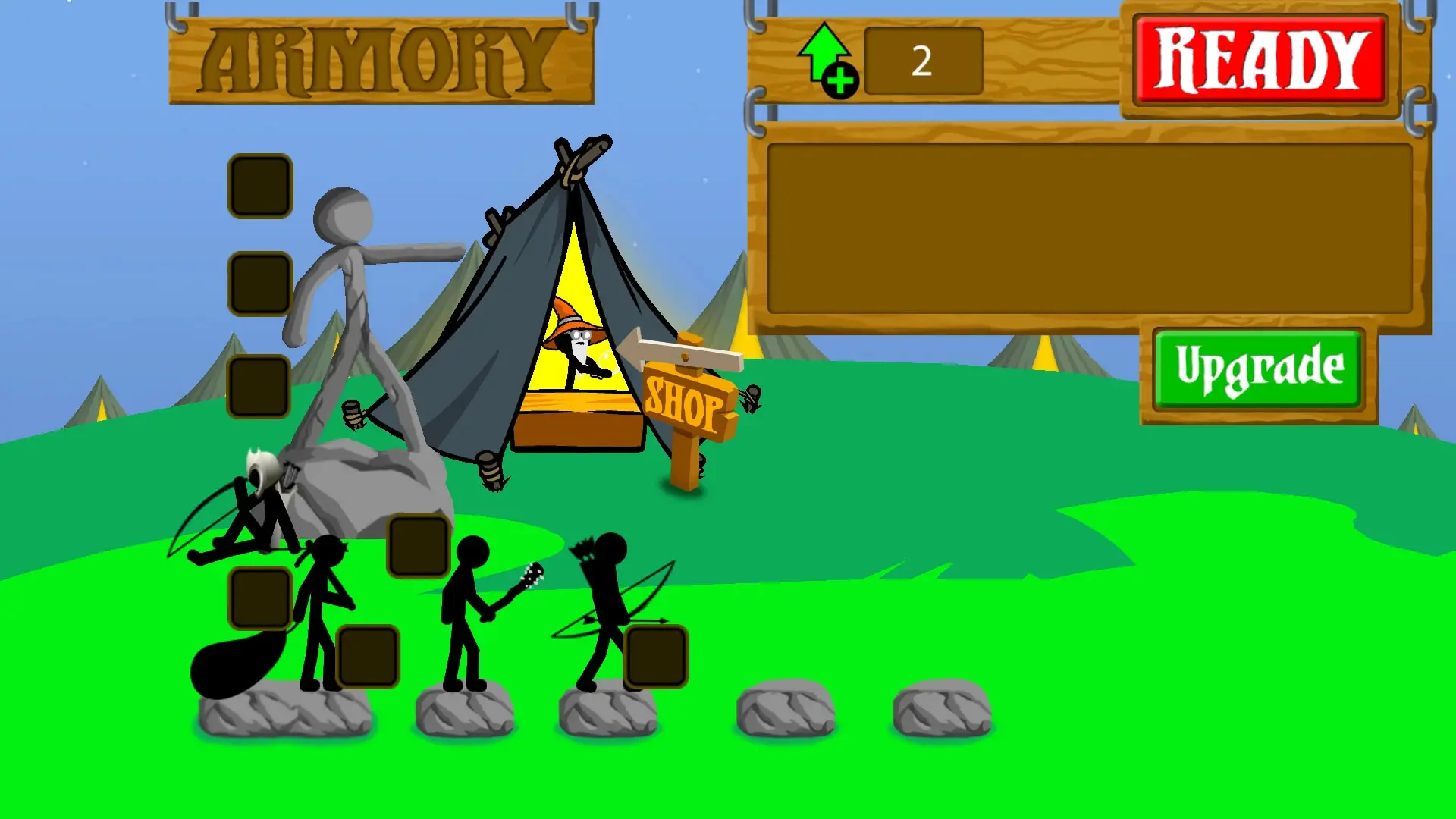 منوی اصلی بازی Stick War: Legacy شامل شخصیت‌های استیک‌من و بخش‌های Armory و Shop