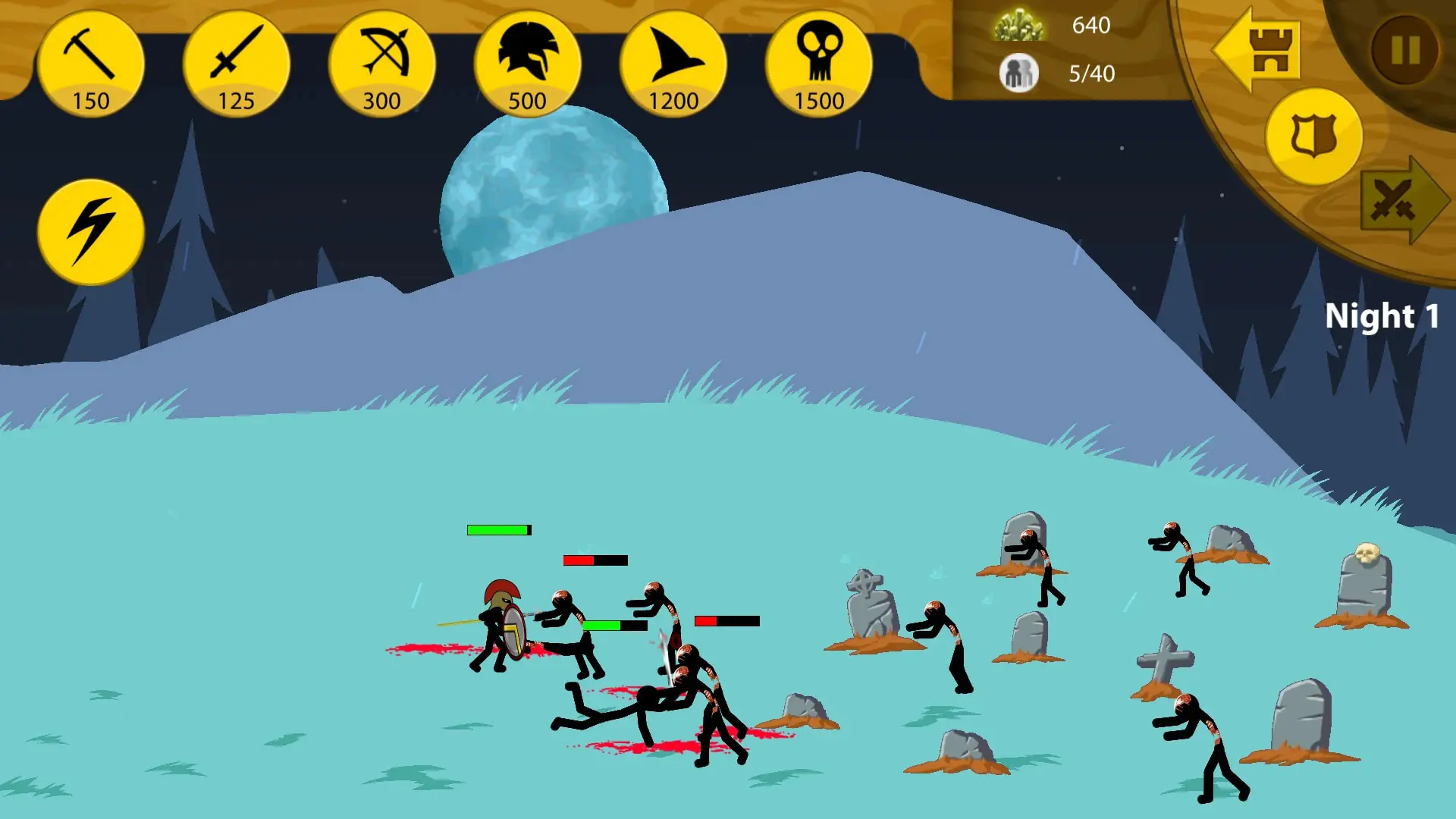 نبرد استیک‌من‌ها در بازی Stick War: Legacy در محیط شبانه