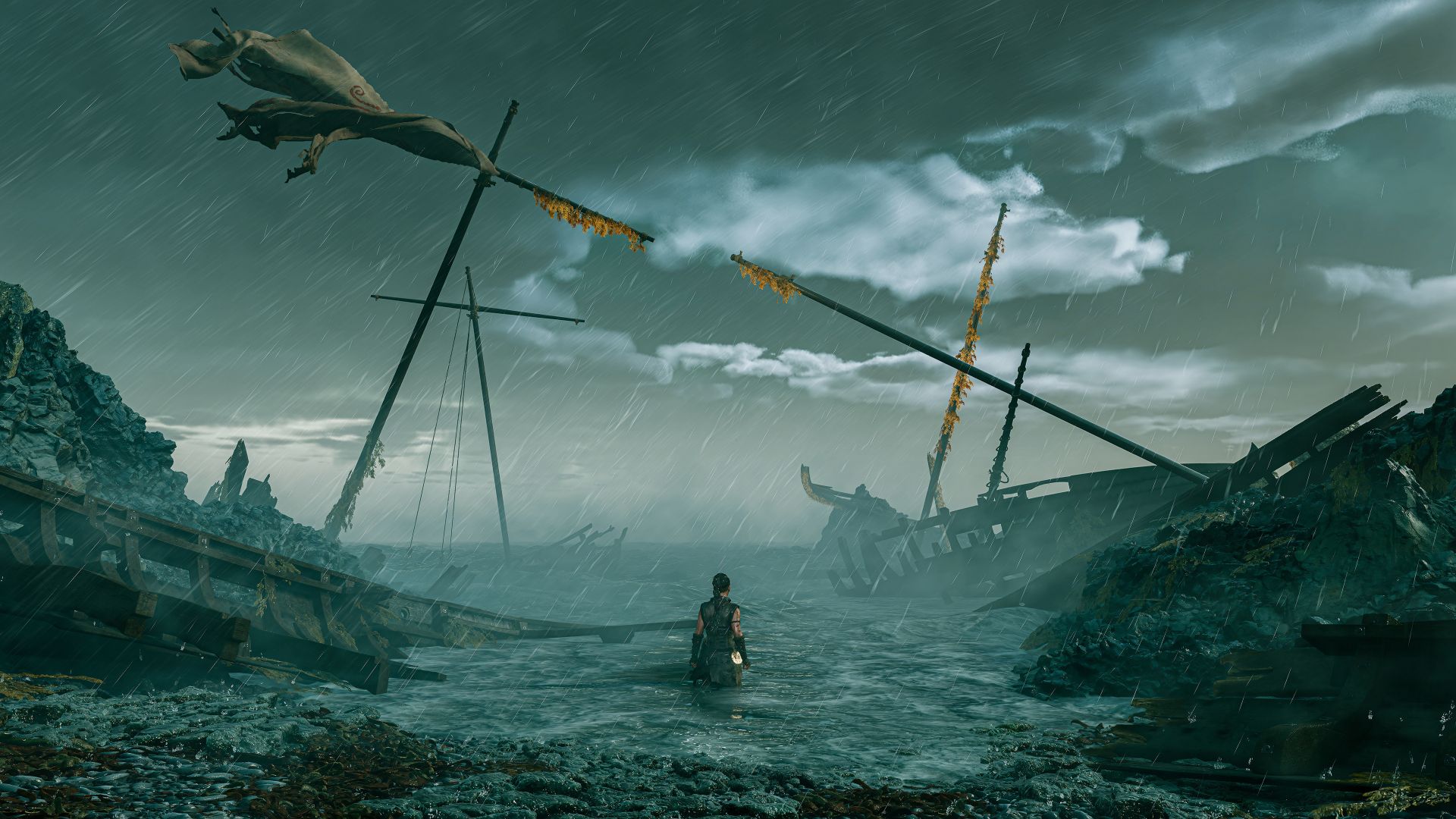 خیره شدن سنوئا (Senua) به دریای طوفانی در بازی Senua's Saga: Hellblade II