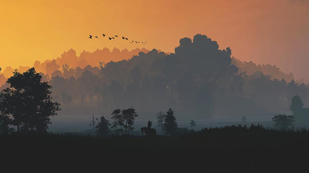 طلوع خورشید و منظره کوهستانی در بازی The Witcher 3 Wild Hunt