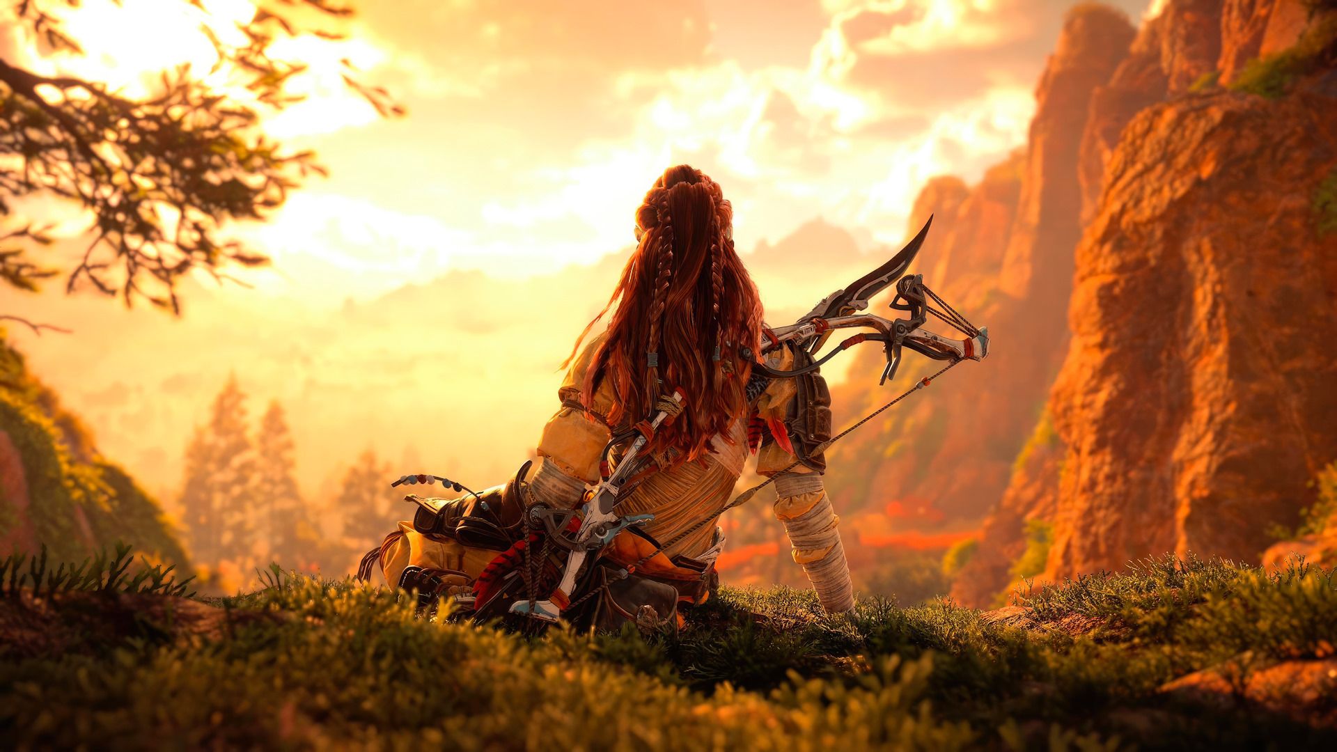 کاراکتر الوی (Aloy) مشغول تماشای غروب خورشید در بازی Horizon Forbidden West