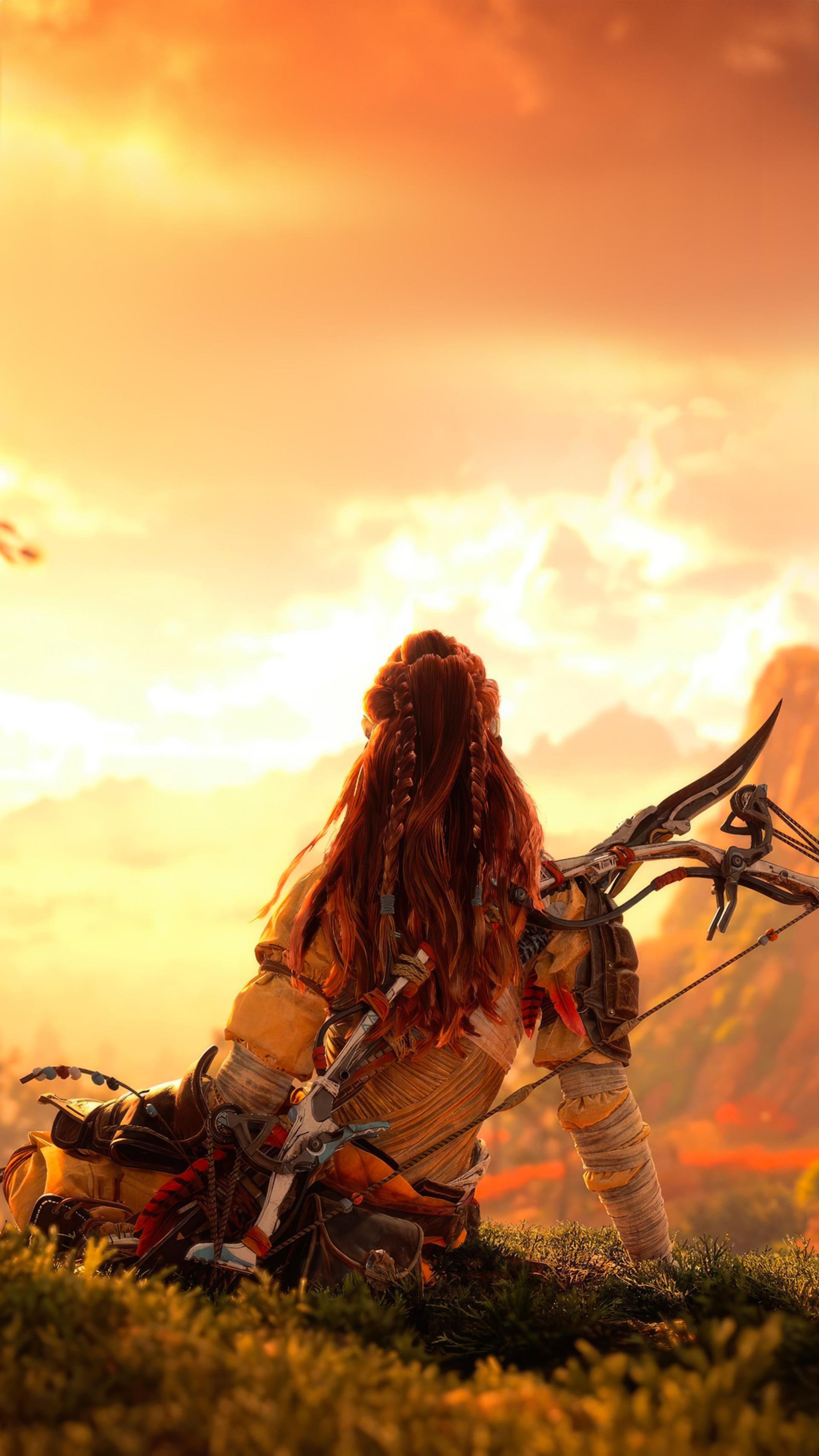 کاراکتر الوی (Aloy) مشغول تماشای غروب خورشید در بازی Horizon Forbidden West