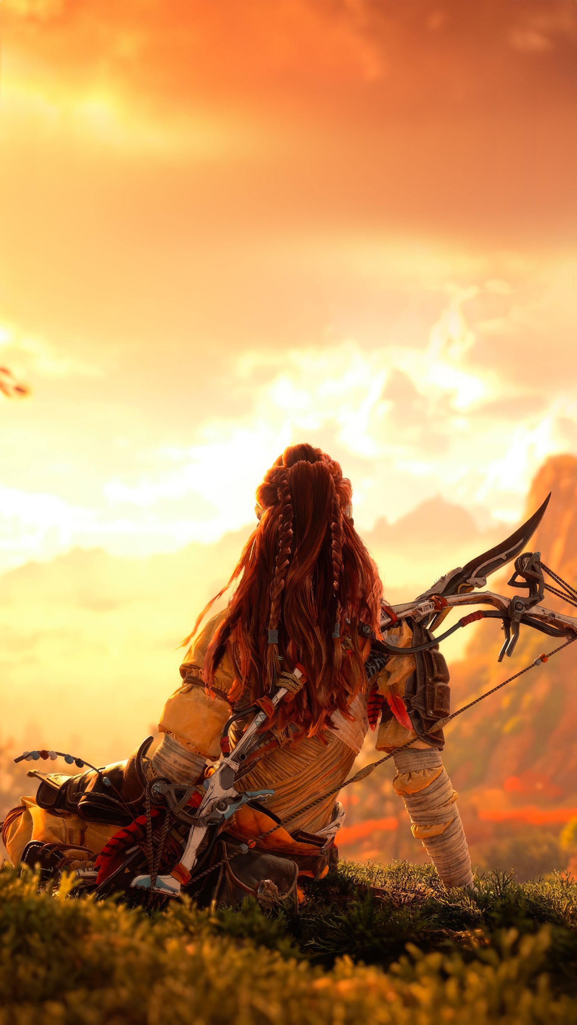 کاراکتر الوی (Aloy) مشغول تماشای غروب خورشید در بازی Horizon Forbidden West