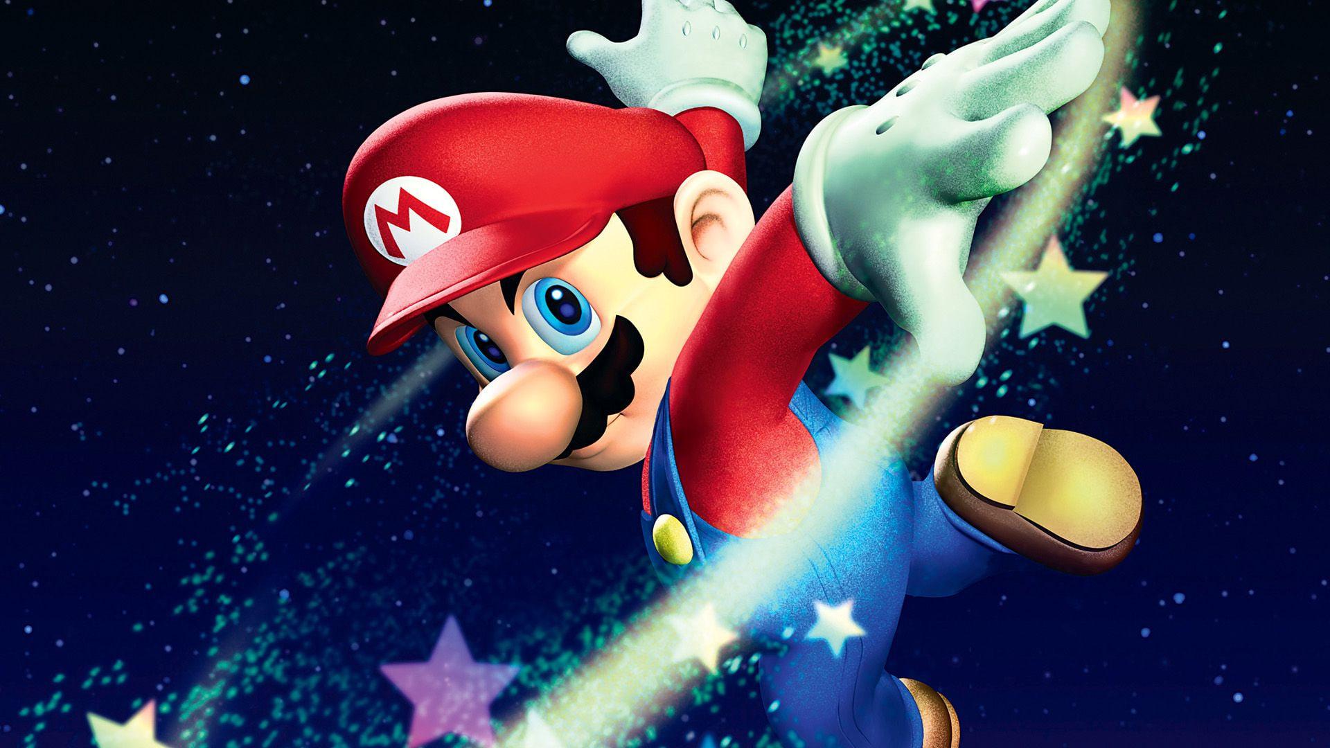 ماریو (Mario) در حال چرخش میان ستاره‌ها در فضای بازی Super Mario Galaxy