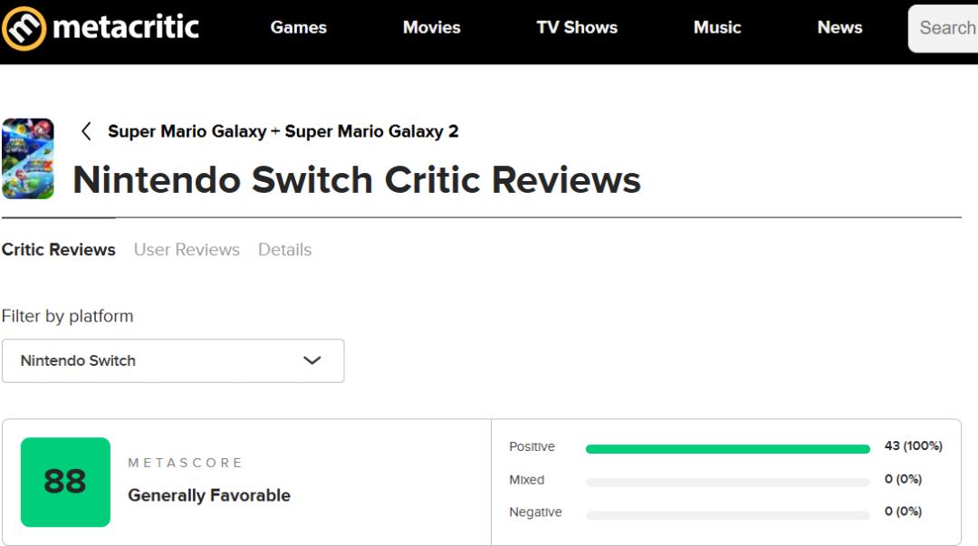 میانگین نقدها و نمرات بازی Super Mario Galaxy + Super Mario Galaxy 2 در وب‌سایت متاکریتیک (Metacritic)
