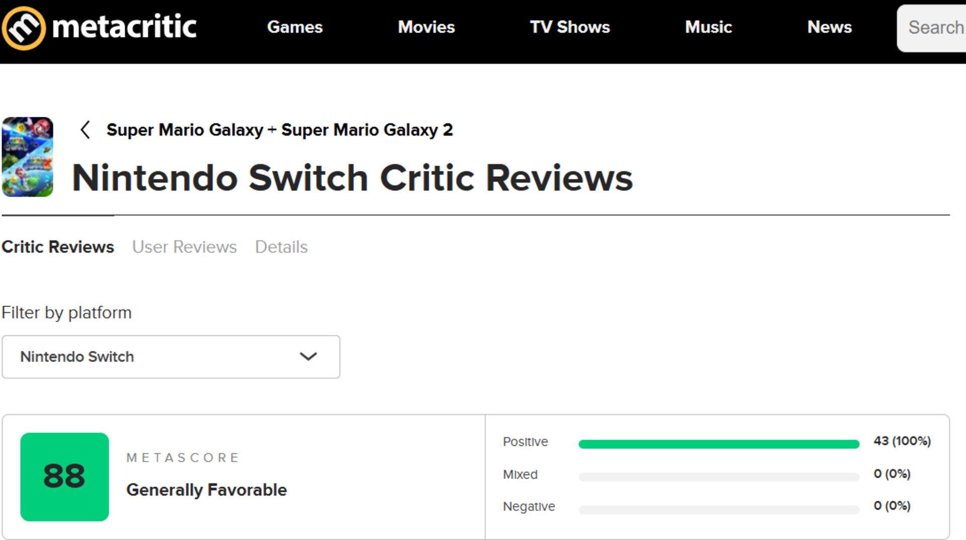 میانگین نقدها و نمرات بازی Super Mario Galaxy + Super Mario Galaxy 2 در وب‌سایت متاکریتیک (Metacritic)
