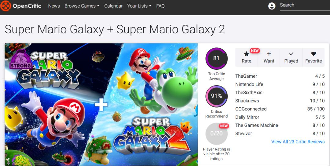میانگین نقدها و نمرات بازی Super Mario Galaxy + Super Mario Galaxy 2 در وب‌سایت اوپن‌کریتیک (Opencritic)