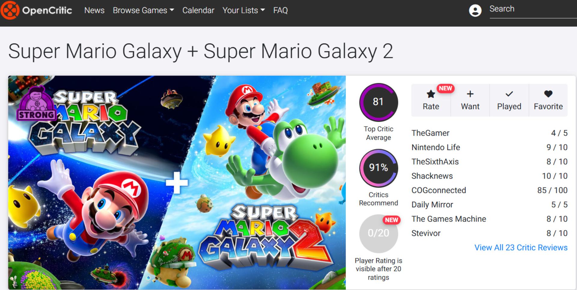 میانگین نقدها و نمرات بازی Super Mario Galaxy + Super Mario Galaxy 2 در وب‌سایت اوپن‌کریتیک (Opencritic)