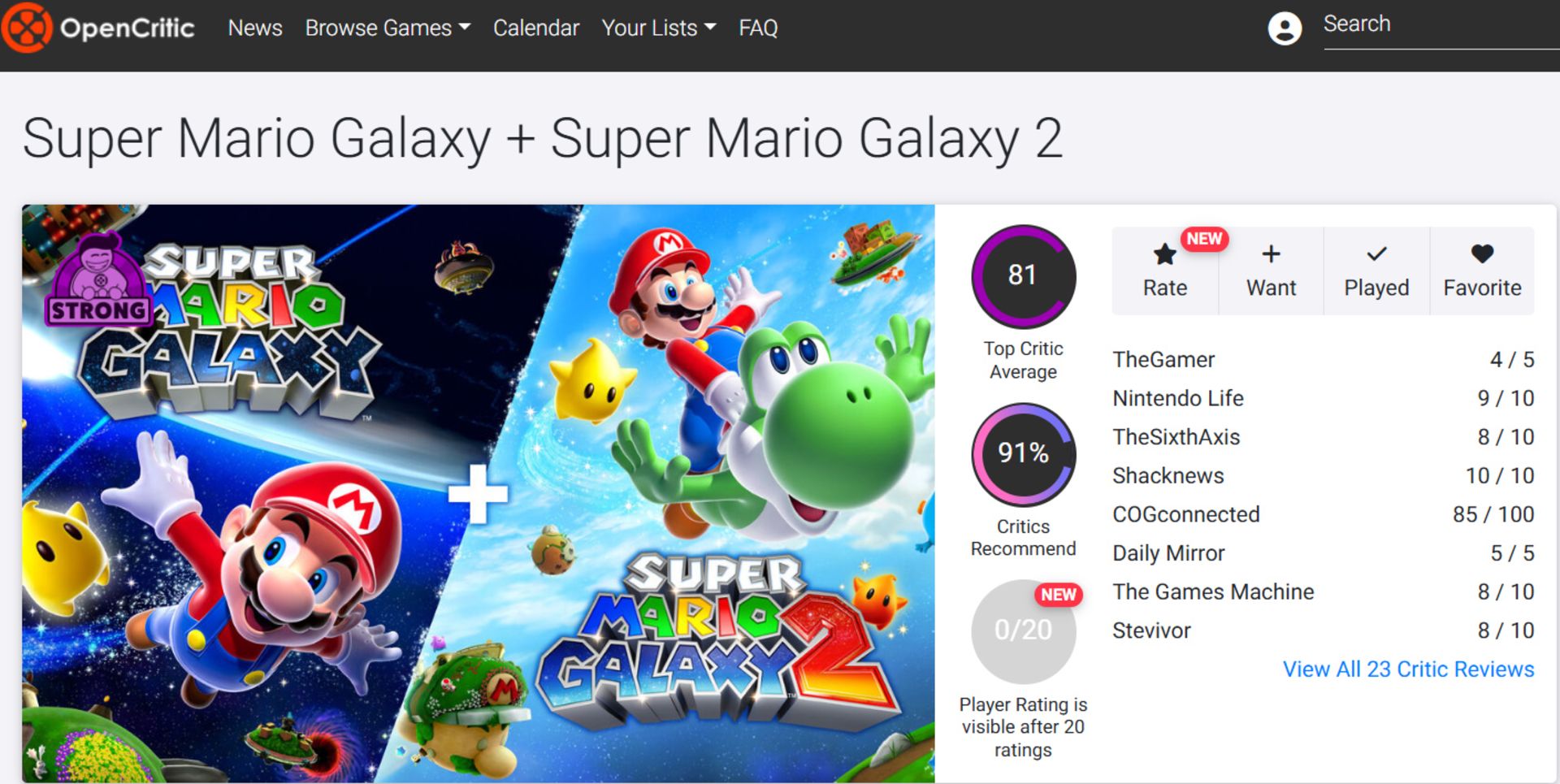 میانگین نقدها و نمرات بازی Super Mario Galaxy + Super Mario Galaxy 2 در وب‌سایت اوپن‌کریتیک (Opencritic)