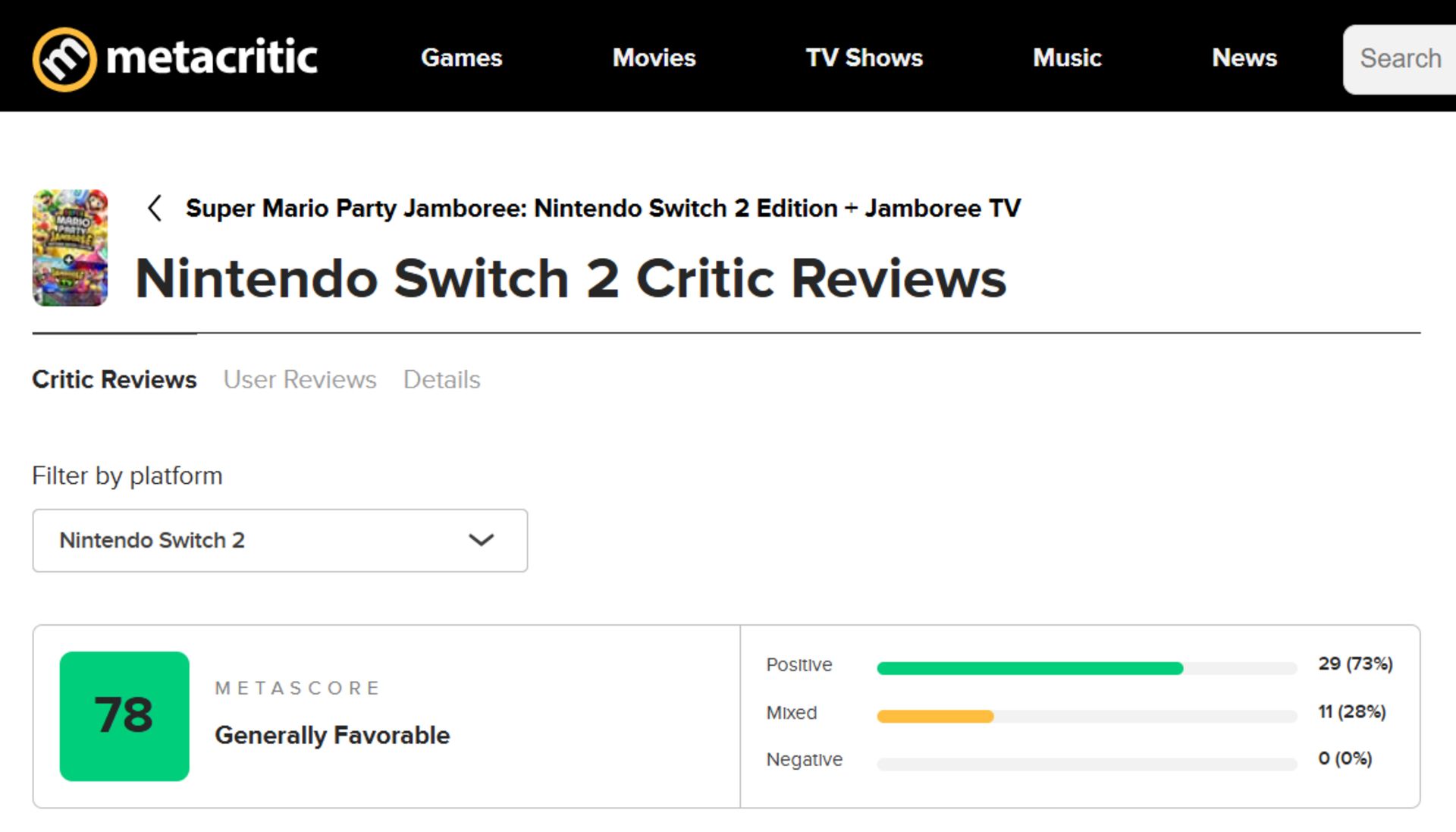 میانگین نقدها و نمرات بازی Super Mario Party Jamboree: Nintendo Switch 2 Edition + Jamboree TV در وب‌سایت متاکریتیک (Metacritic)