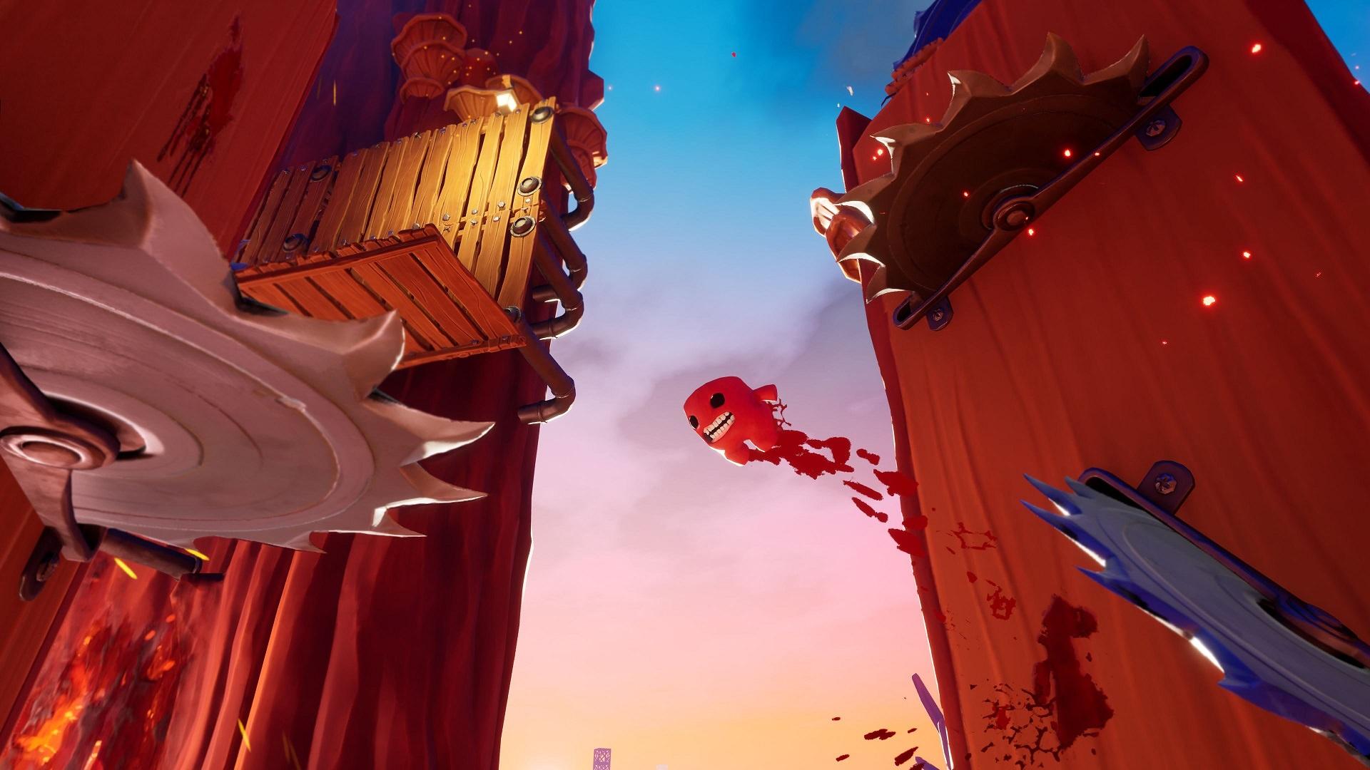 فرار شخصیت اصلی بازی Super Meat Boy 3D از میان تیغه‌های برنده