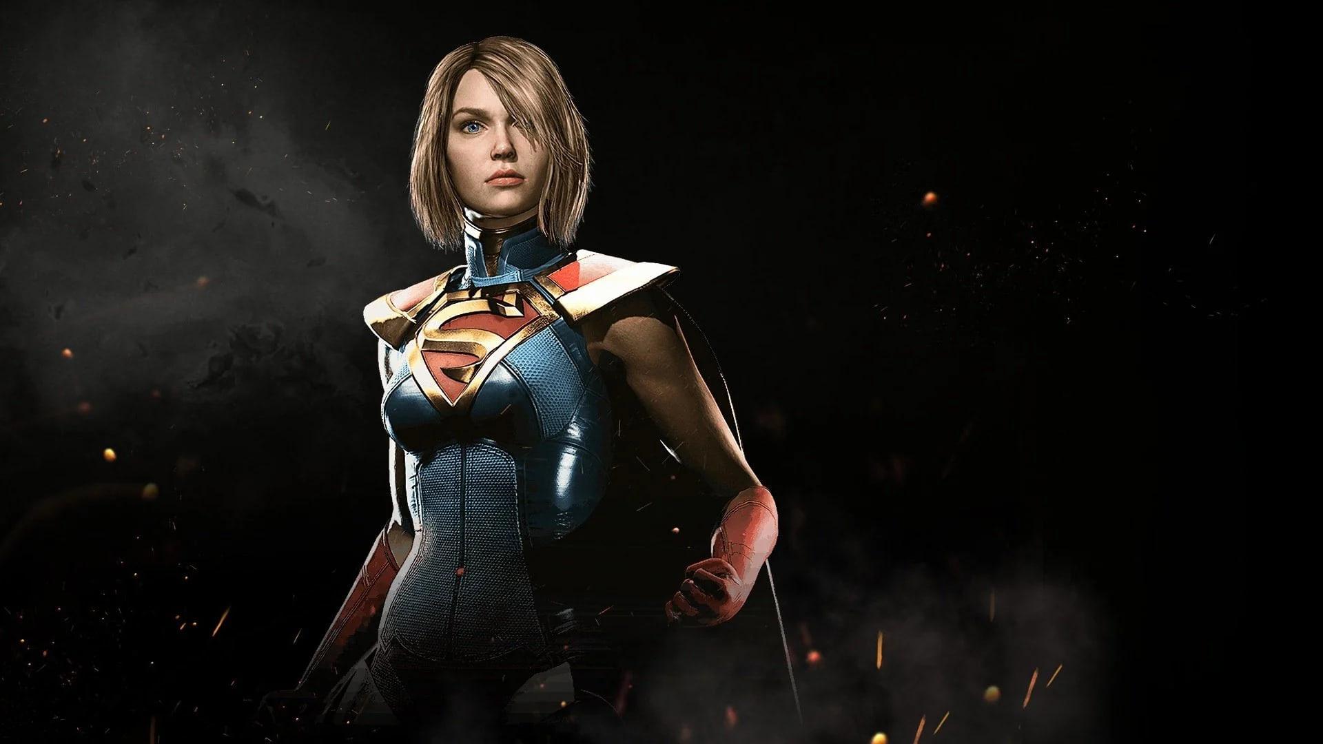شخصیت سوپرگرل (Supergirl) با لباس ابرقهرمانی در پس‌زمینه‌ای تاریک