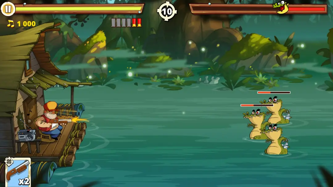 شخصیت بازی Swamp Attack 2 در حال شلیک به تمساح‌ها در باتلاق