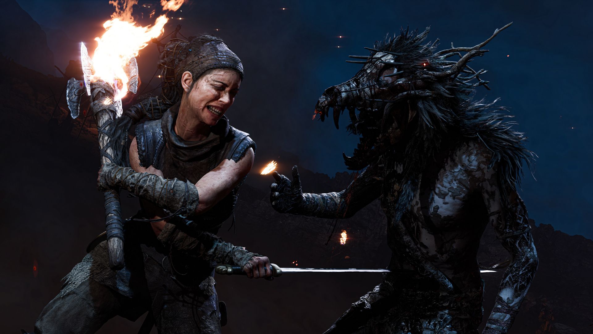 استفاده همزمان از شمشیر و آتش و تبر در سیستم مبارزات بازی Senua's Saga: Hellblade II