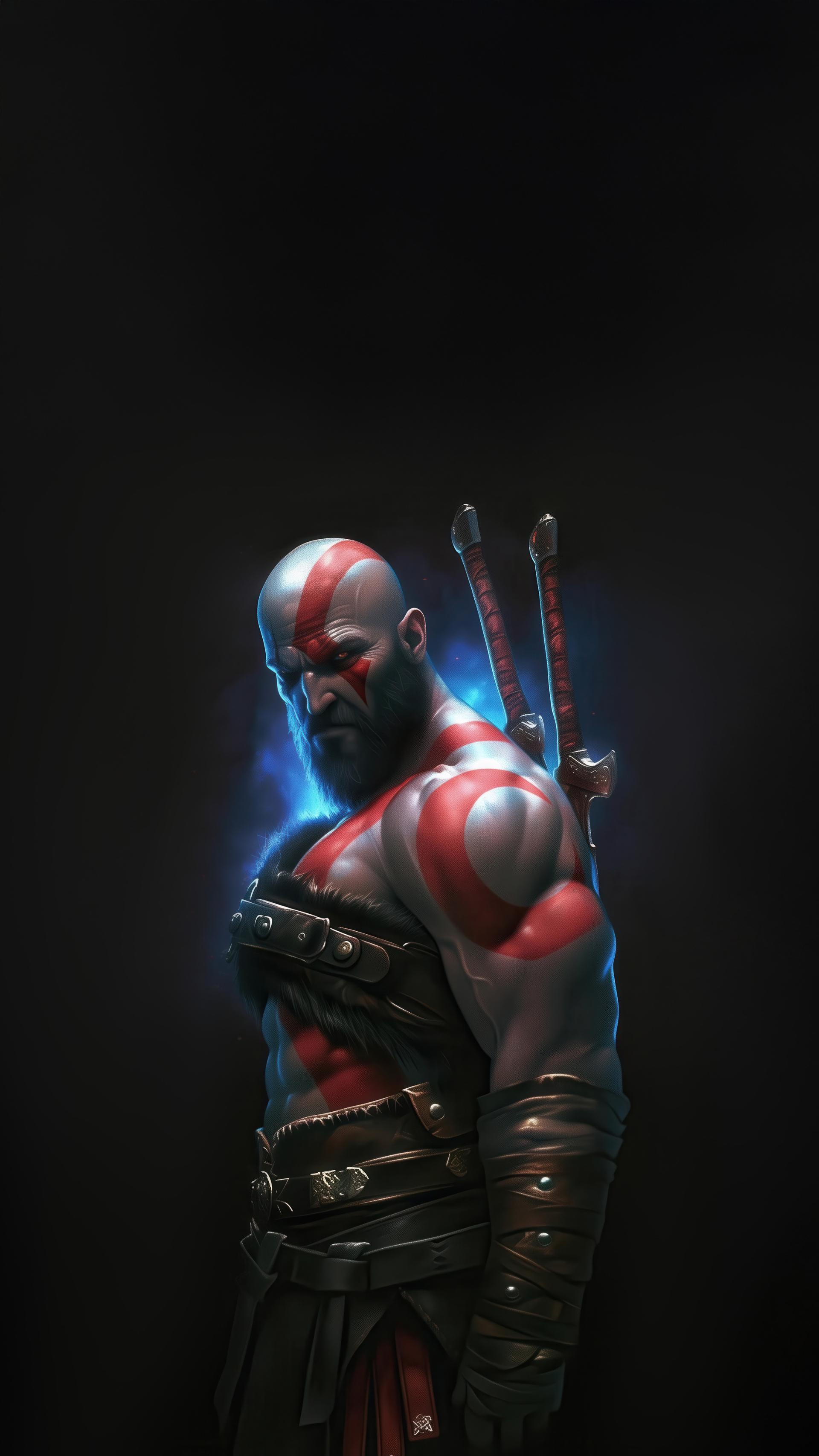 کریتوس (Kratos) با دو شمشیر و هاله آبی در بازی God of War Ragnarök