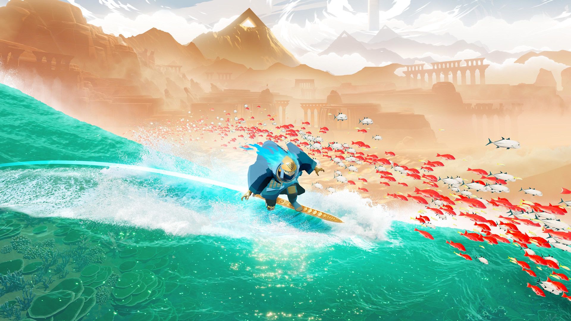 شخصیت اصلی بازی Sword of the Sea در حال موج‌سواری