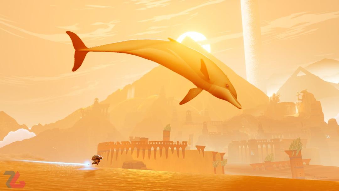 شخصیت اصلی در کنار یک دلفین در بازی Sword of the Sea