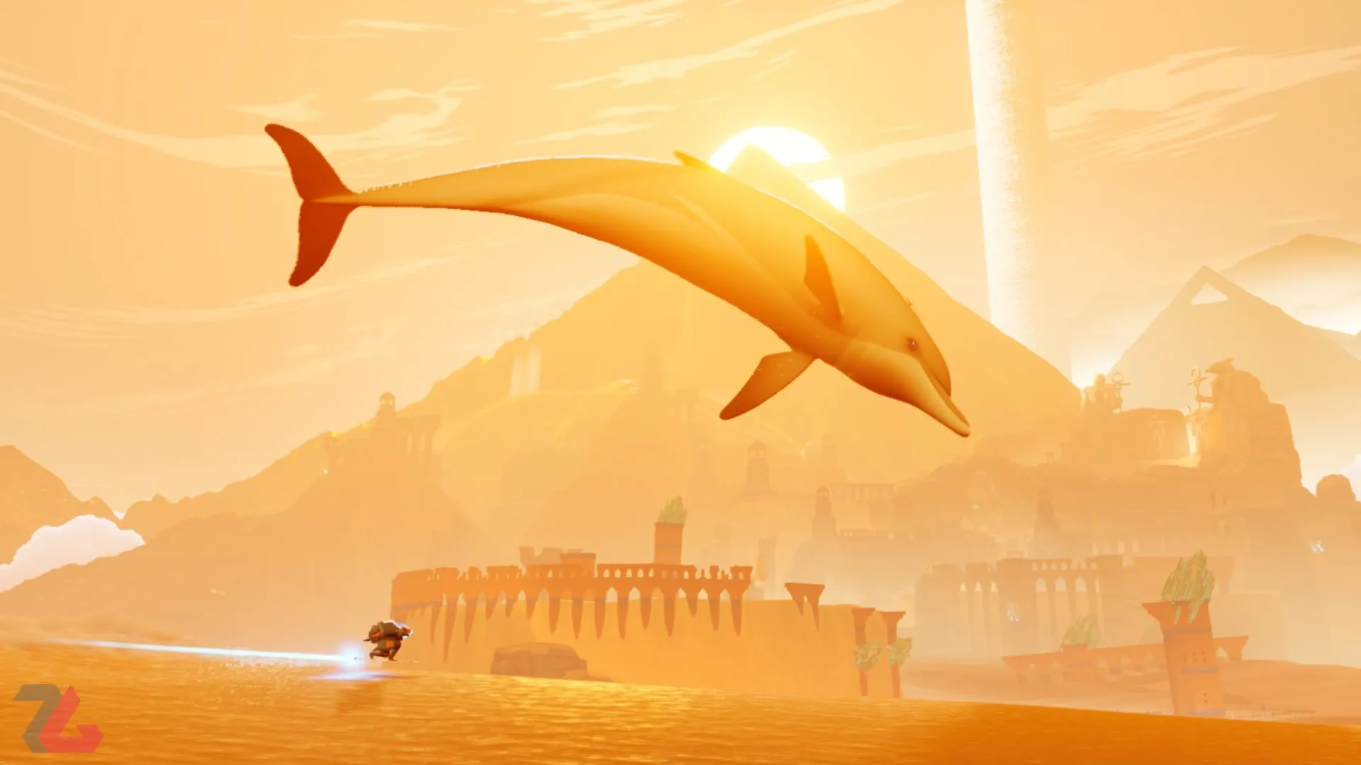 شخصیت اصلی در کنار یک دلفین در بازی Sword of the Sea
