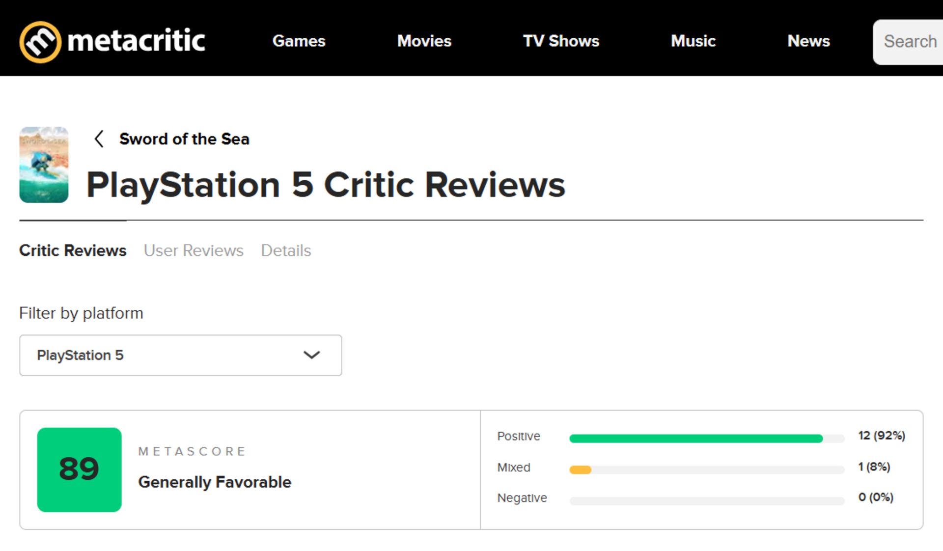 میانگین نقدها و نمرات بازی Sword of the Sea در وب‌سایت متاکریتیک (Metacritic)