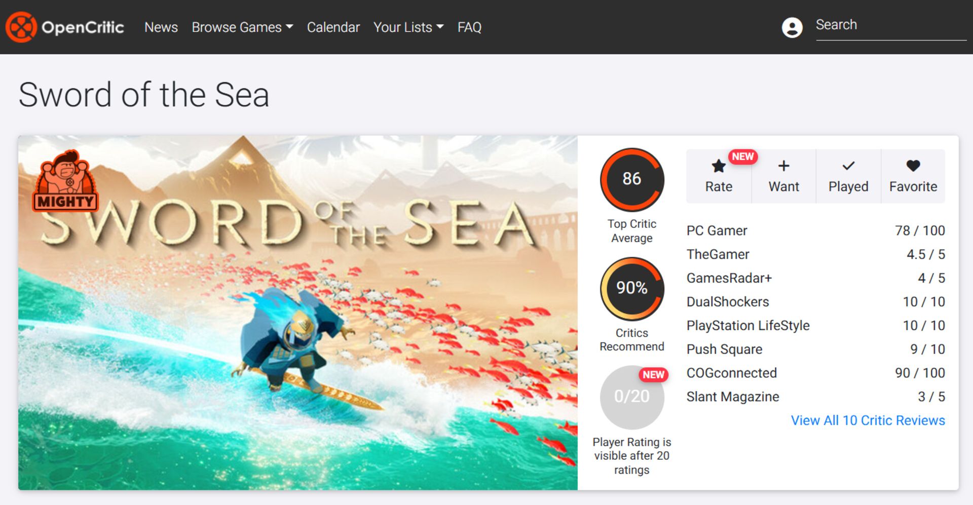 میانگین نقدها و نمرات بازی Sword of the Sea از وب‌سایت اوپن‌کریتیک (OpenCritic)