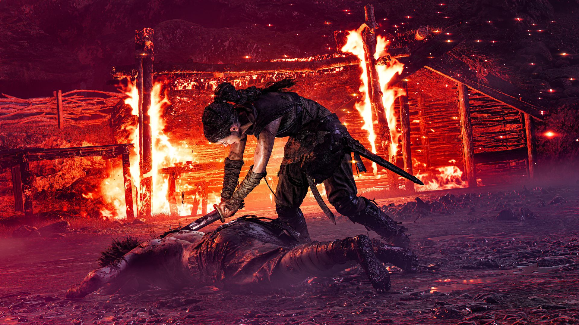 کوبیدن شمشیر بر کمر دشمن شیطانی در بازی Senua's Saga: Hellblade II