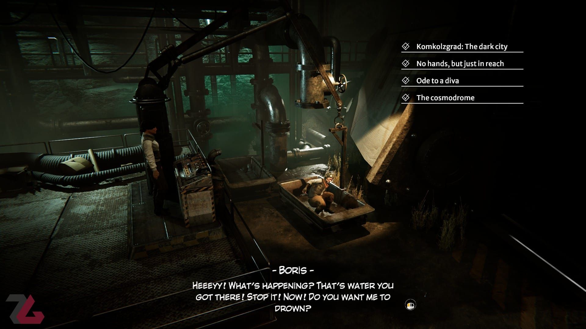 باز کردن شیر آب روی بوریس توسط کیت واکر در بازی Syberia Remastered