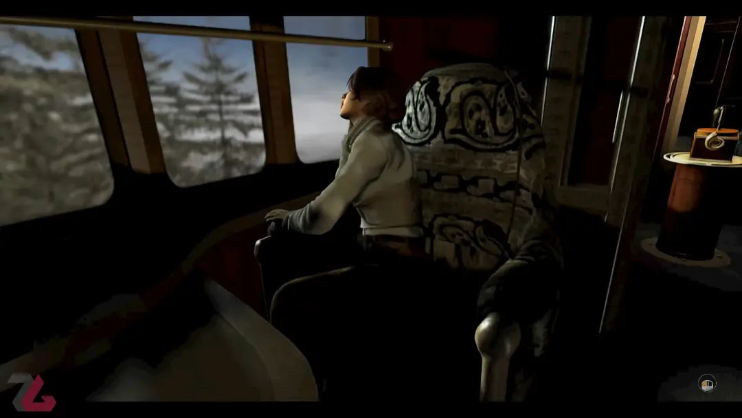 کیت واکر خیره به پنجره قطار در صحنه سینمایی بازی Syberia Remastered