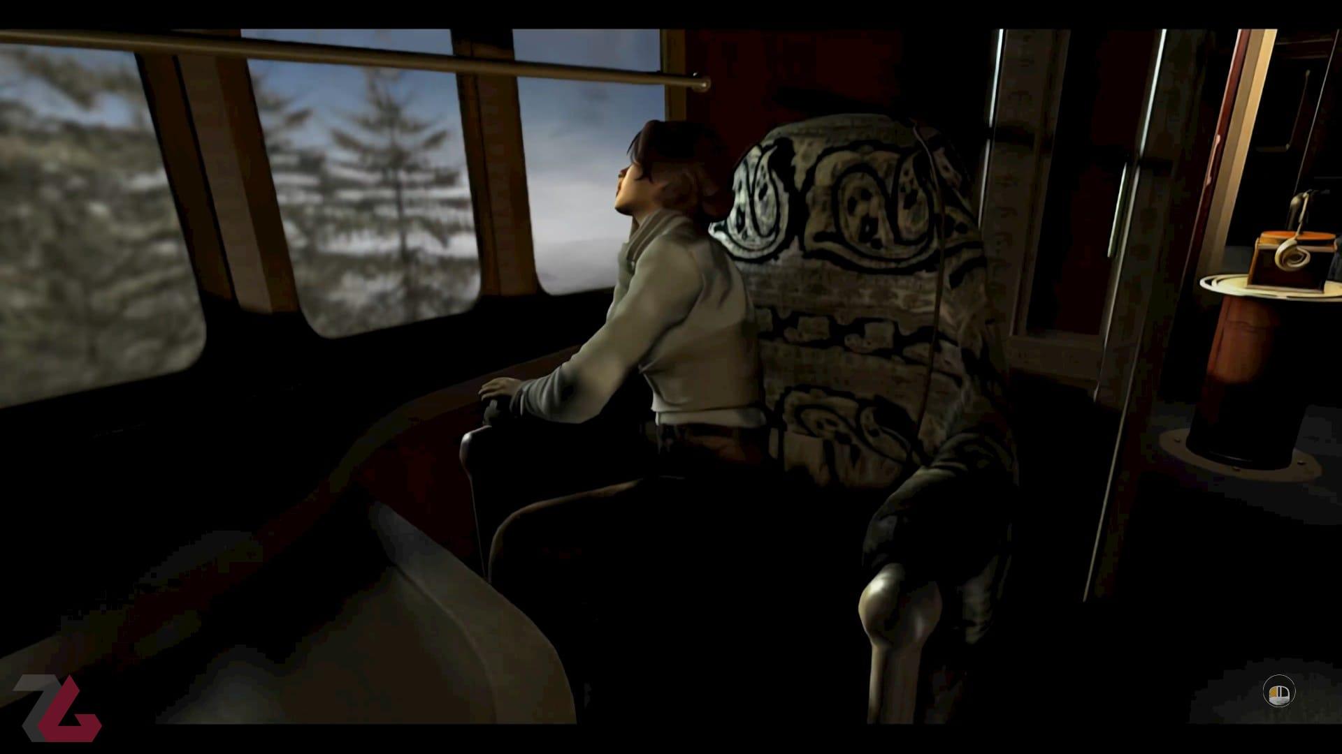 کیت واکر خیره به پنجره قطار در صحنه سینمایی بازی Syberia Remastered