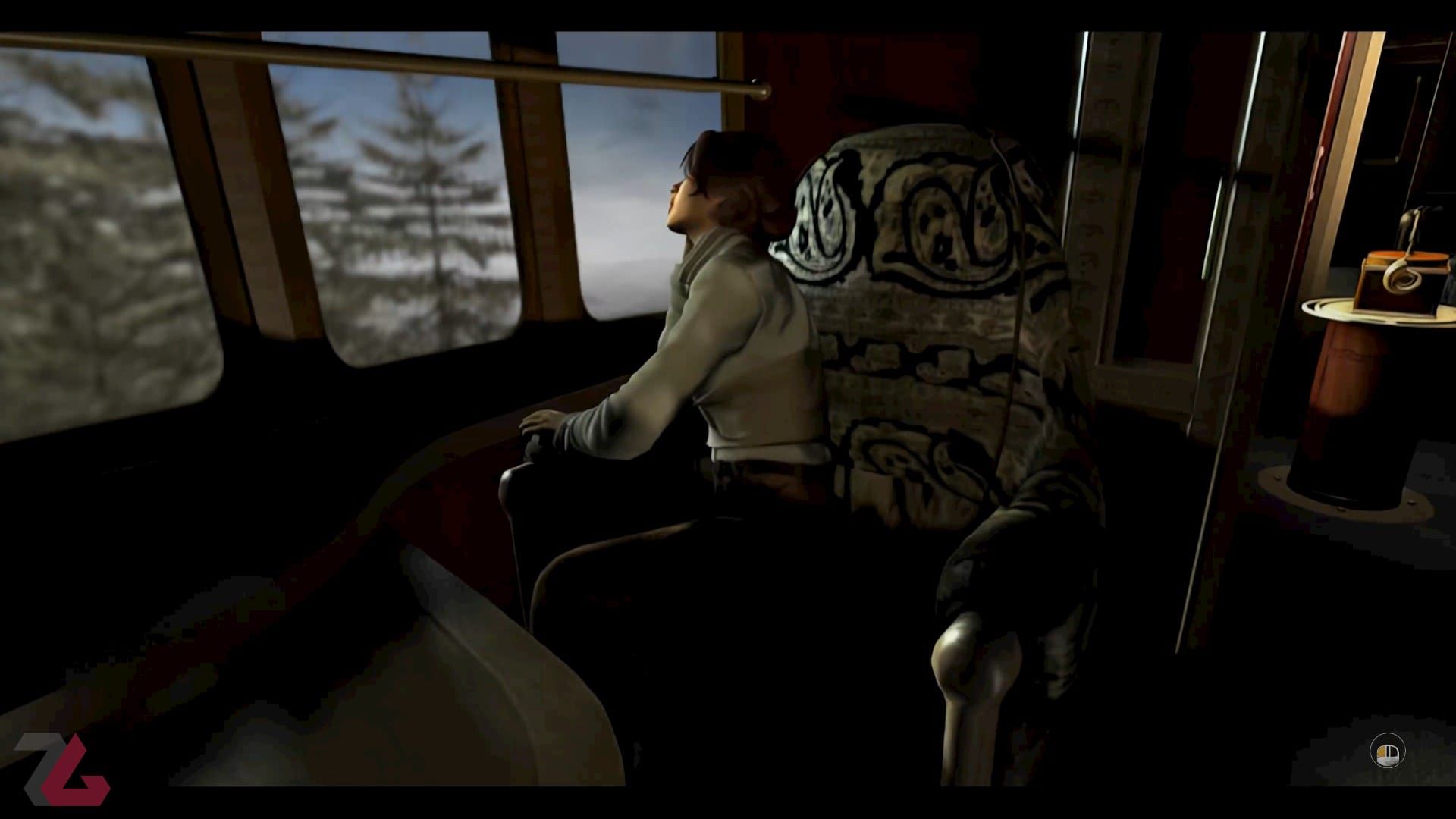 کیت واکر خیره به پنجره قطار در صحنه سینمایی بازی Syberia Remastered