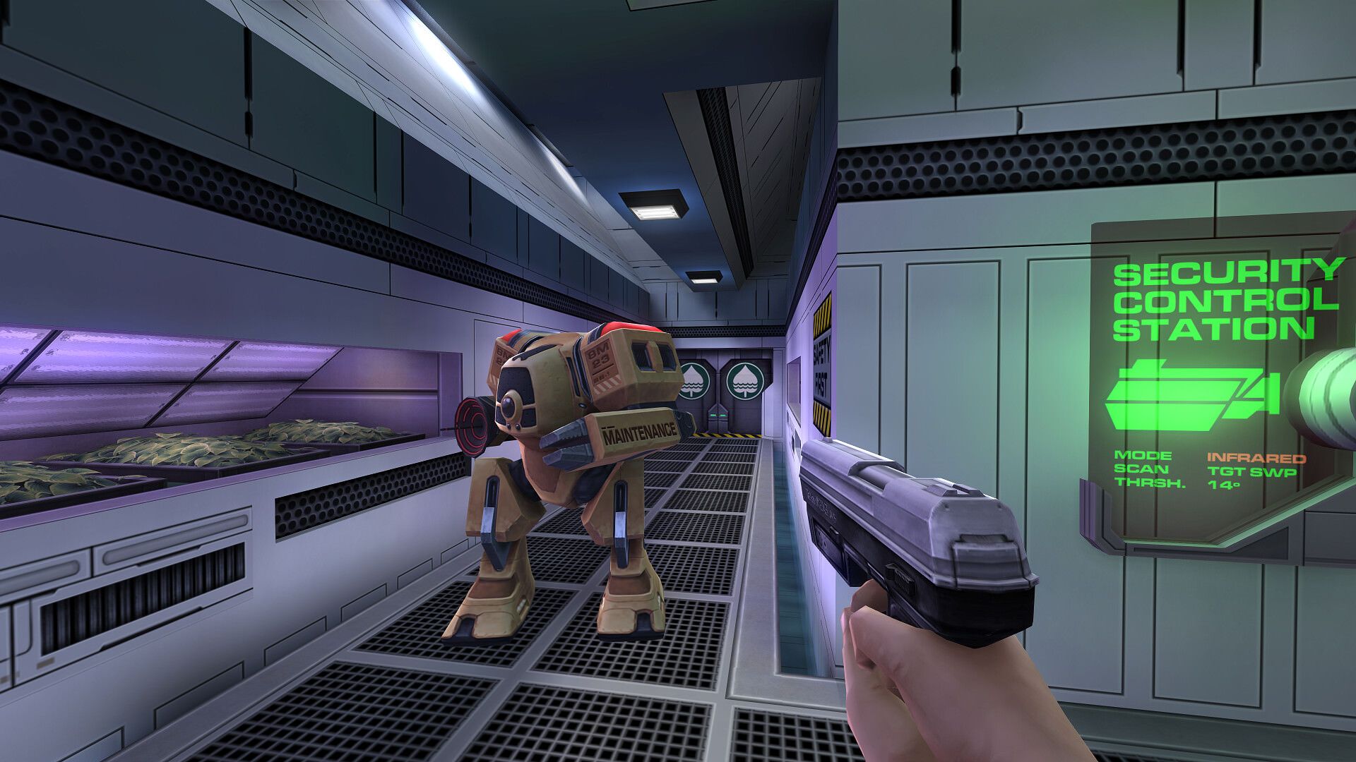 نشانه گرفتن تفنگ روی یک ربات در System Shock 2: 25th Anniversary Remaster
