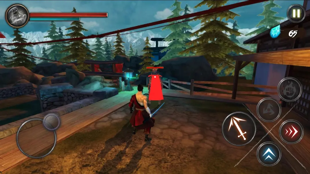 شخصیت نینجا در محیط بازی موبایل Takashi Ninja Samurai در حال مبارزه