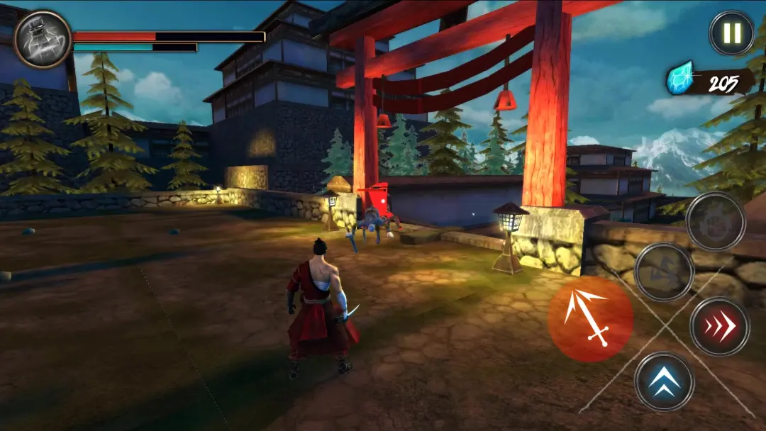 شخصیت نینجا در محیط بازی Takashi Ninja Samurai در مقابل دروازه سنتی ژاپنی