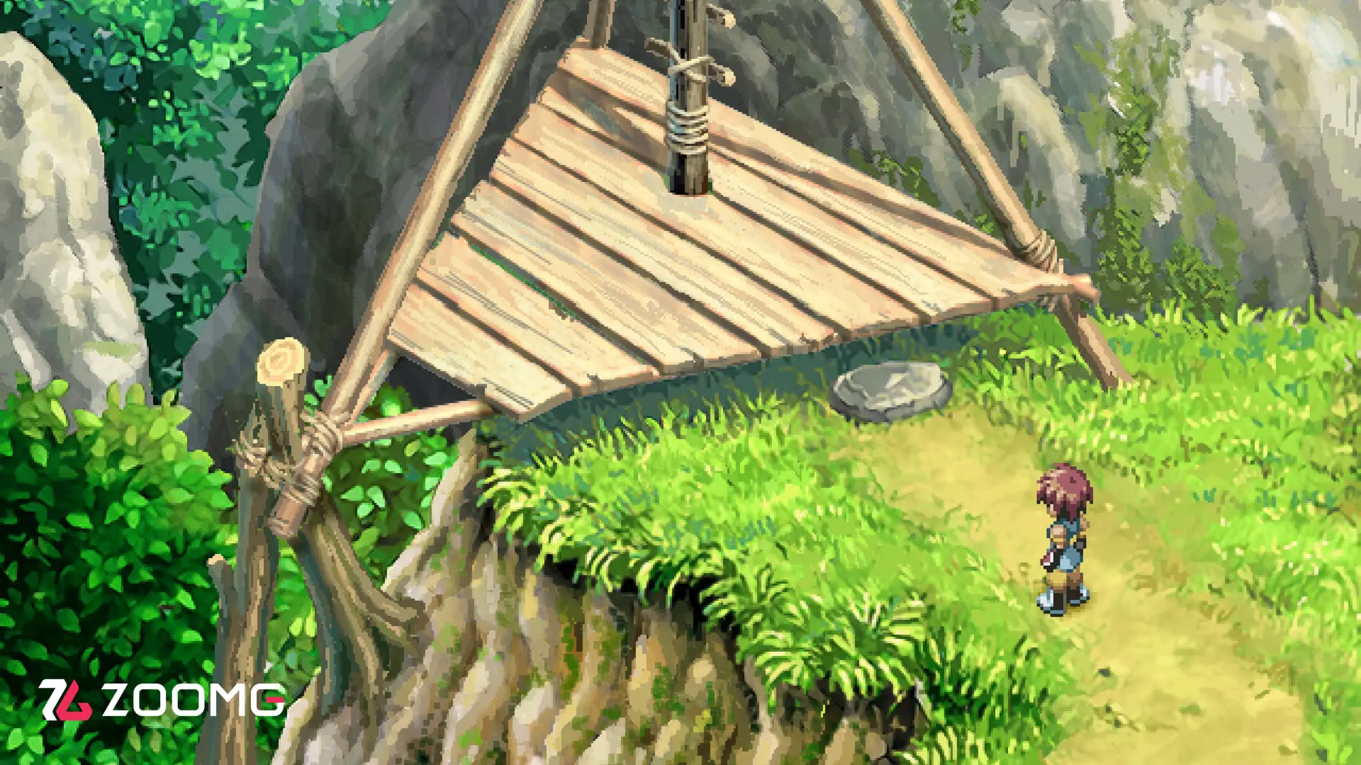 شخصیت اصلی در محیط دوبعدی بازی Tales of Eternia Remastered در کنار یک سکوی چوبی