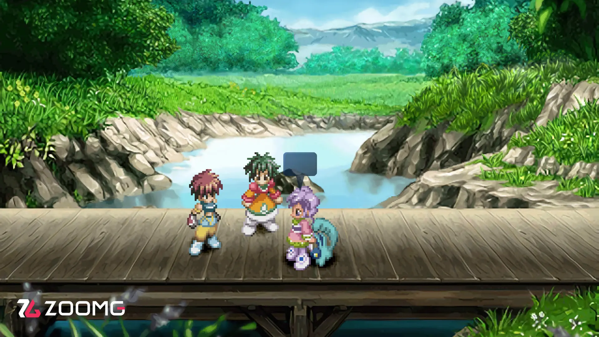 شخصیت‌های بازی Tales of Eternia Remastered روی یک پل چوبی در محیطی سبز