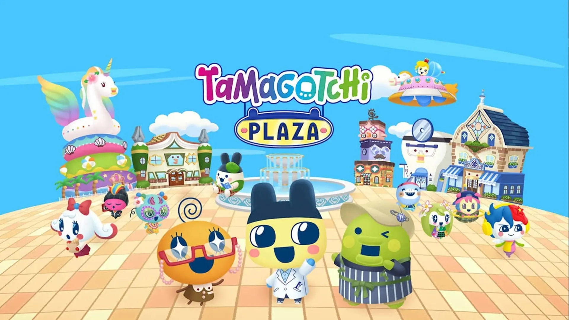 چندین شخصیت بازی Tamagotchi Plaza در نمای شهر در پوستر آن