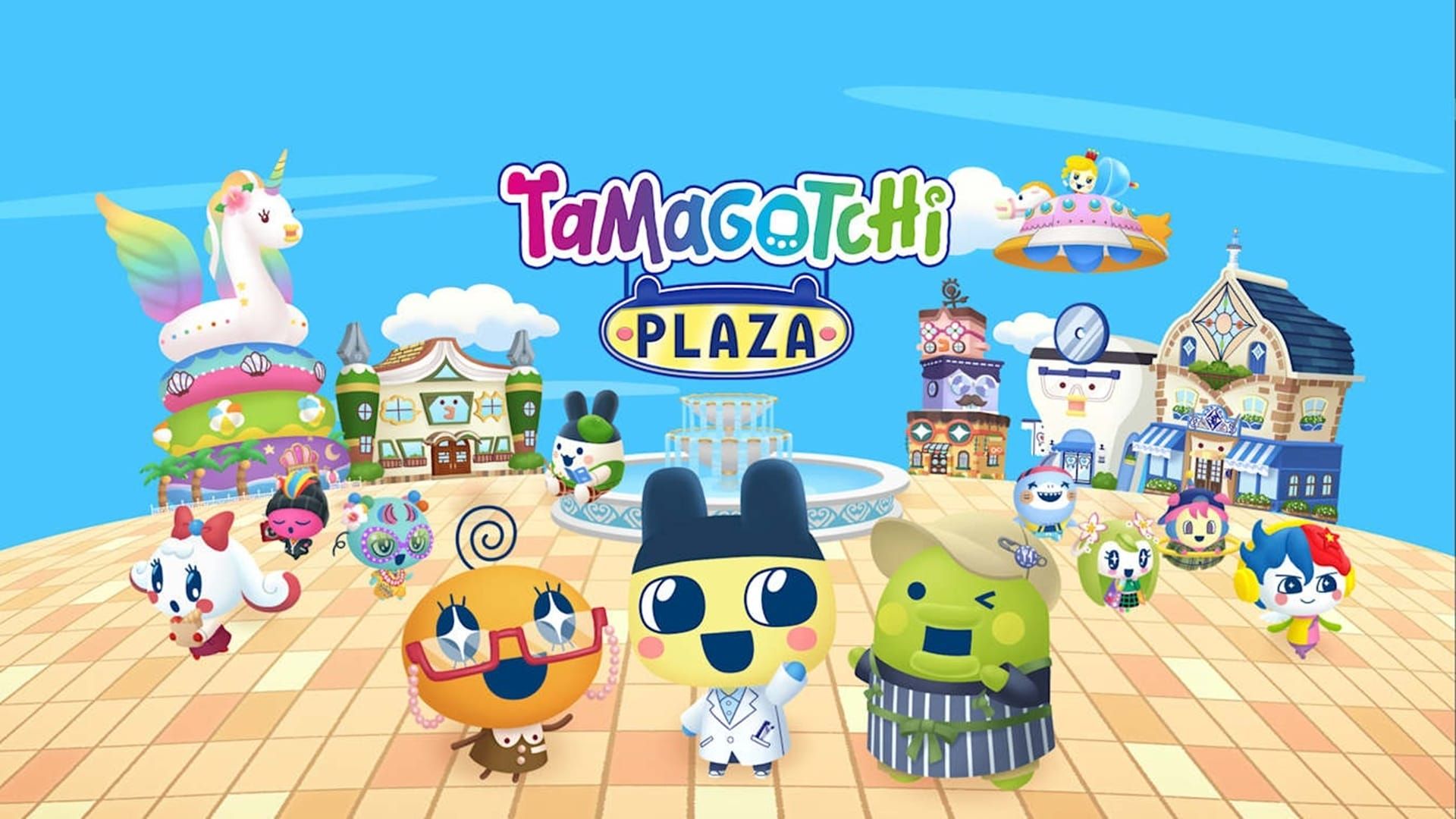 چندین شخصیت بازی Tamagotchi Plaza در نمای شهر در پوستر آن