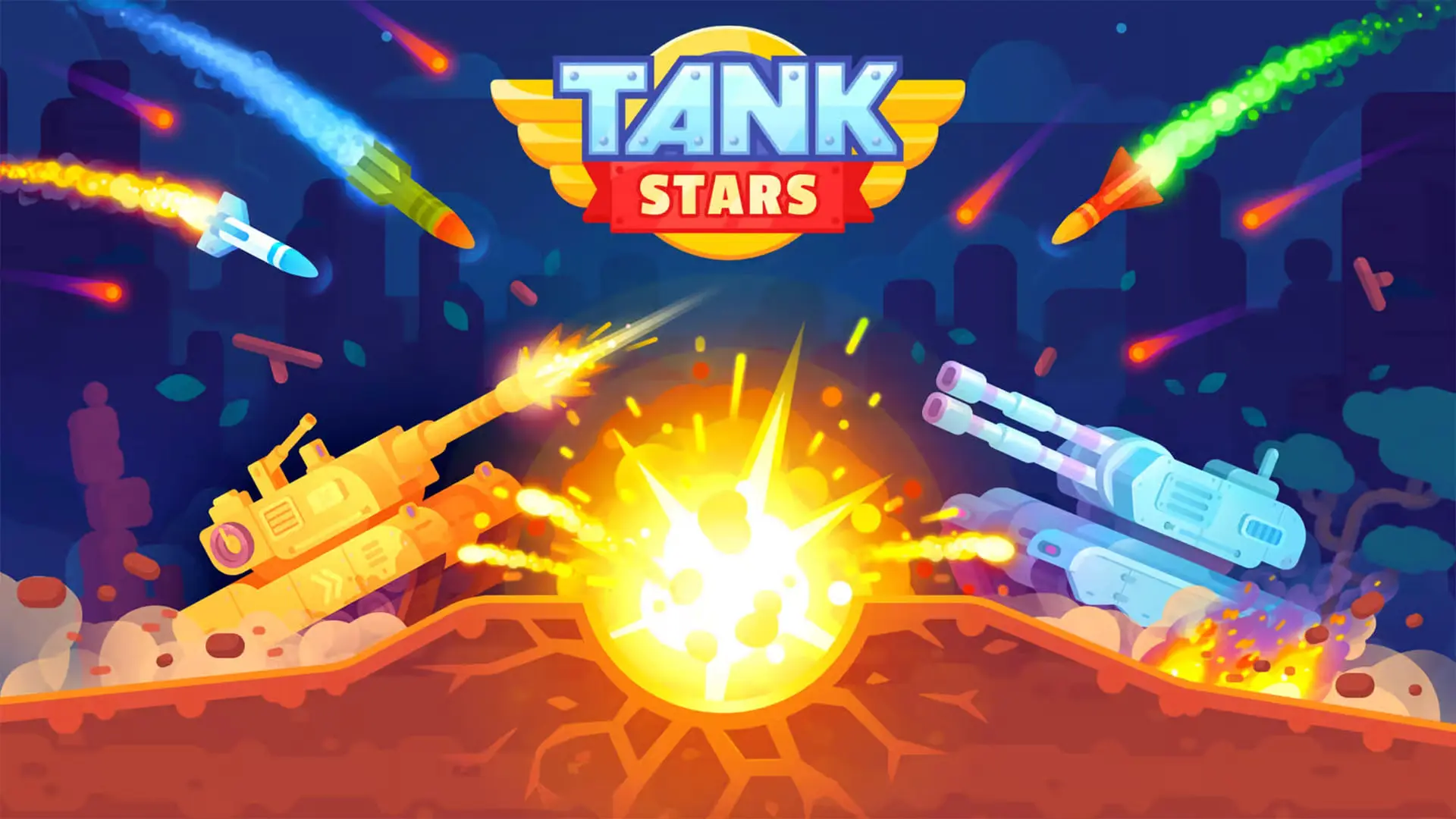 دوئل تانک‌های زرد و آبی در بازی موبایل Tank Stars