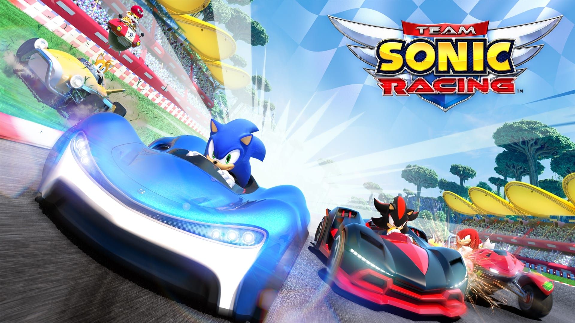 سونیک، شدو و ناکلز در حال مسابقه در بازی Team Sonic Racing