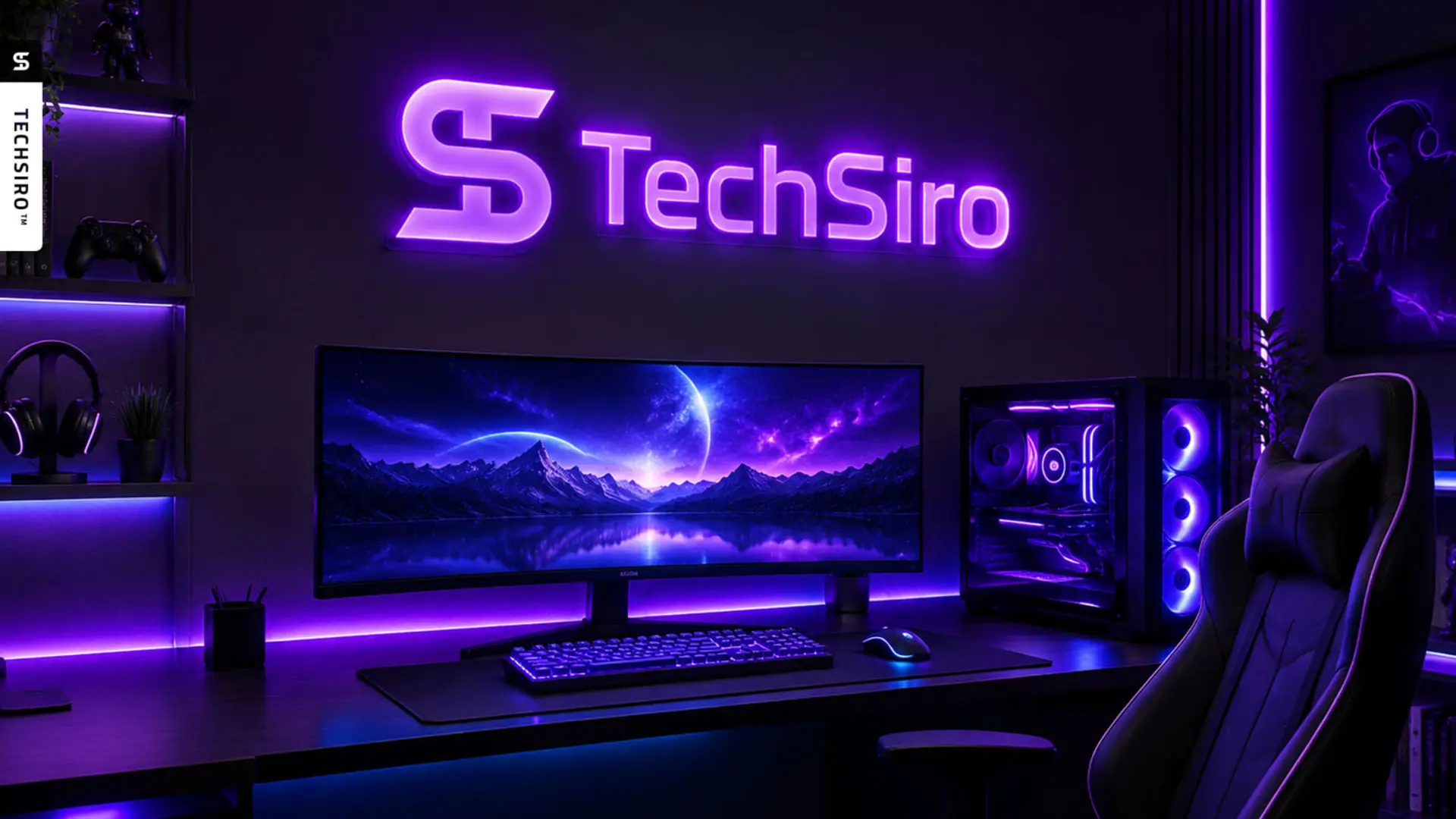 میز گیمینگ با مانیتور عریض و لوگوی بنفش TechSiro