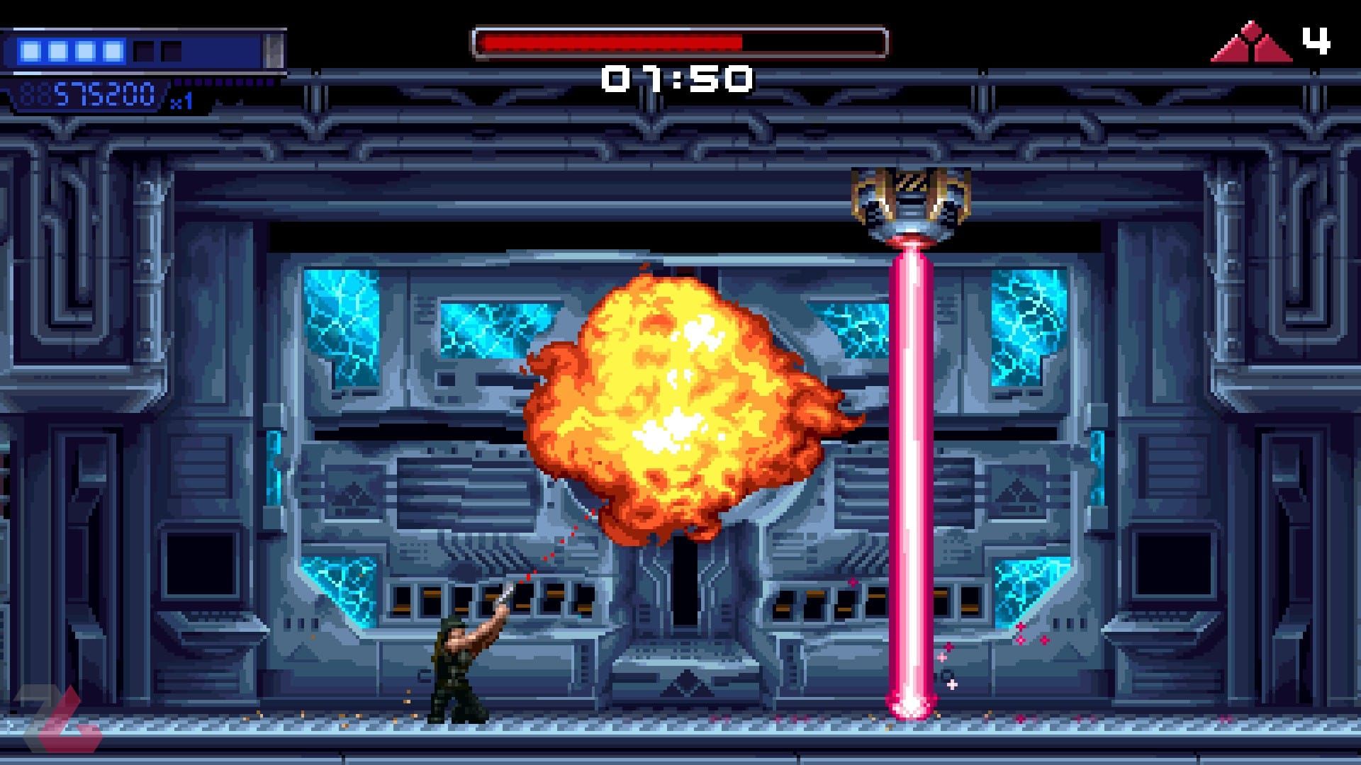 مبارزه سارا و انفجار یک دشمن در مرکز اسکای‌نت در بازی Terminator 2D No Fate