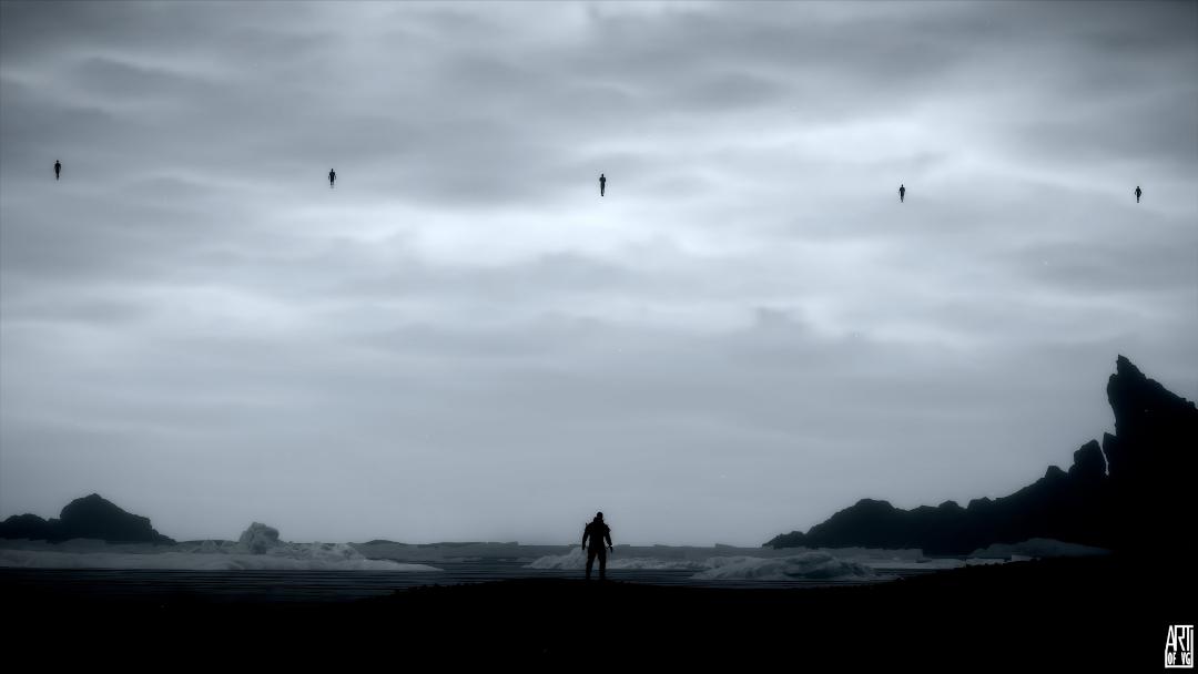 یک فن‌آرت از شخصیت اصلی بازی Death Stranding در ساحل