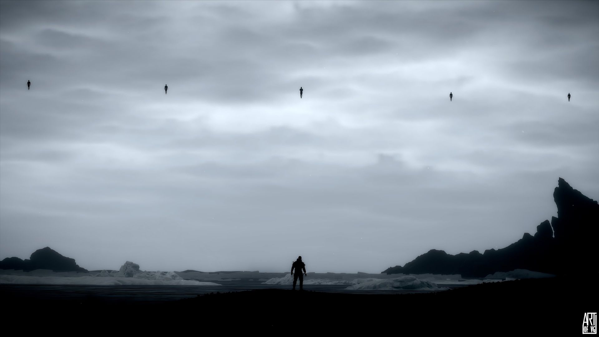 یک فن‌آرت از شخصیت اصلی بازی Death Stranding در ساحل